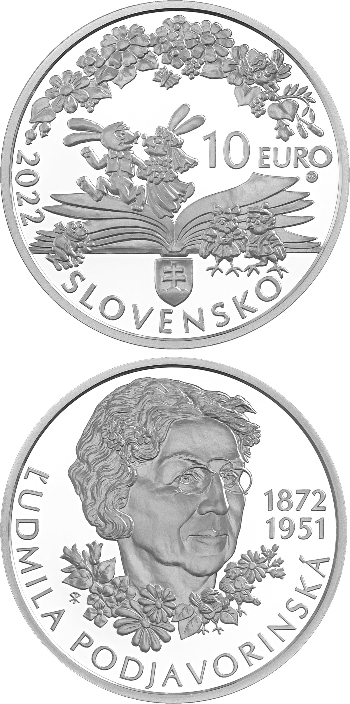 Image of 10 euro coin - 150th anniversary of the birth of Ľudmila Podjavorinská | Slovakia 2022.  The Silver coin is of Proof, BU quality.