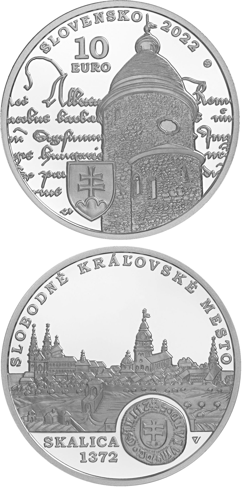 Image of 10 euro coin - 650th anniversary of Skalica being granted the status of a royal town | Slovakia 2022.  The Silver coin is of Proof, BU quality.