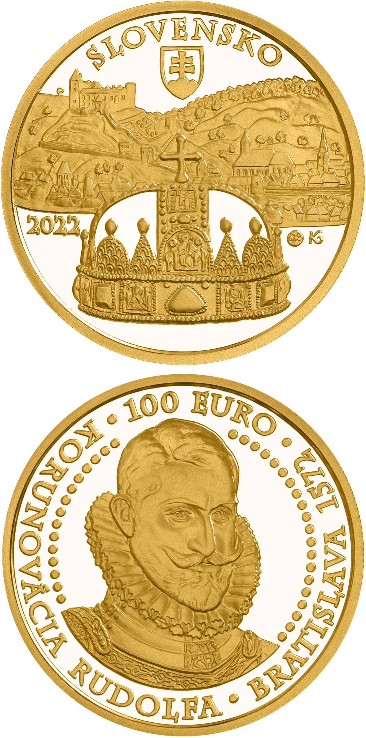 Image of 100 euro coin - Bratislava Coronations - 450th anniversary of the coronation of Rudolf | Slovakia 2022.  The Gold coin is of Proof quality.