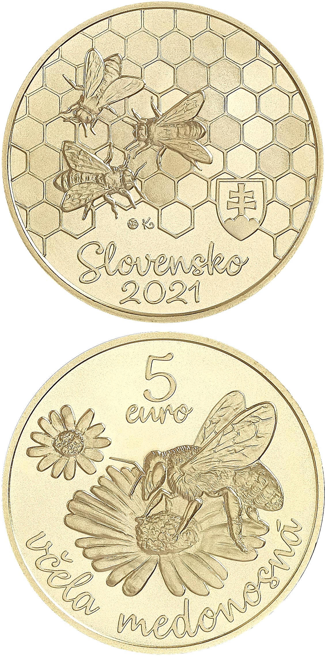 Image of 5 euro coin - Western honey bee | Slovakia 2021.  The Brass coin is of UNC quality.