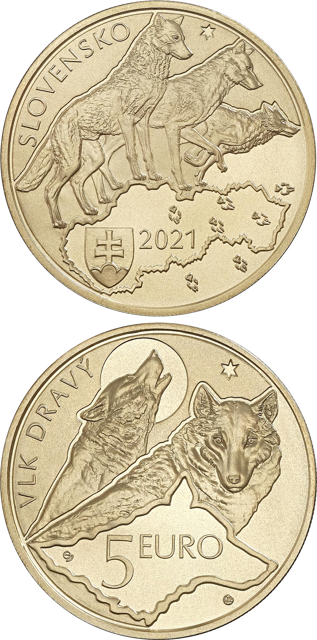 Image of 5 euro coin - Wolf | Slovakia 2021.  The Brass coin is of UNC quality.