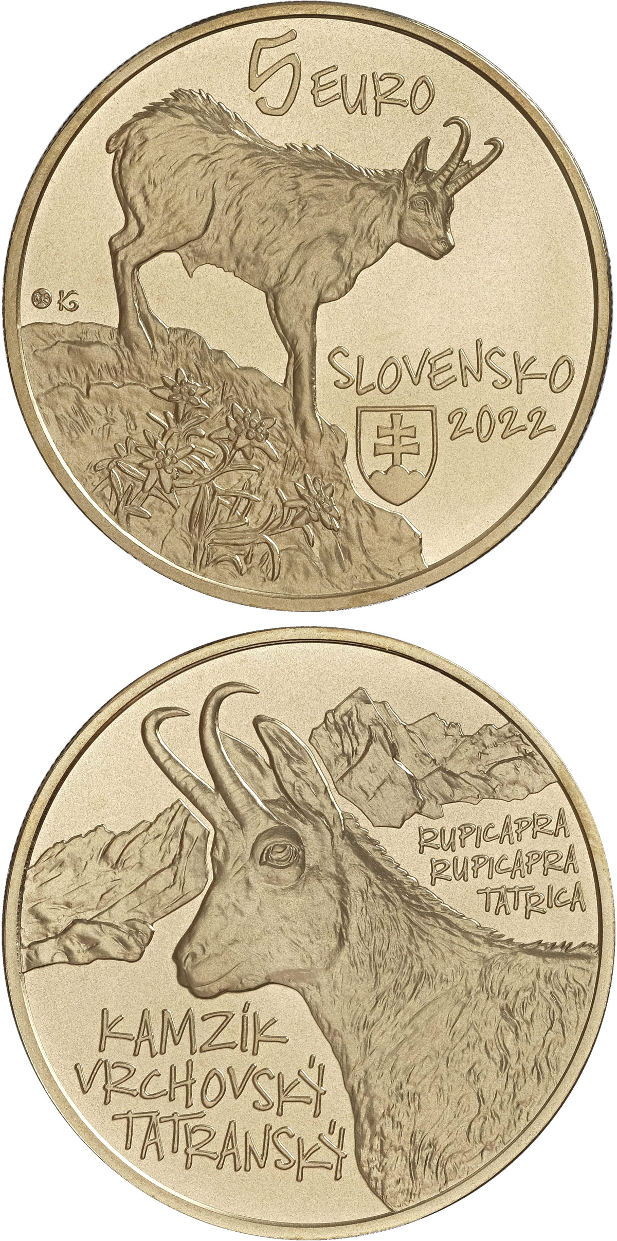 Image of 5 euro coin - Tatra chamois | Slovakia 2022.  The Brass coin is of UNC quality.