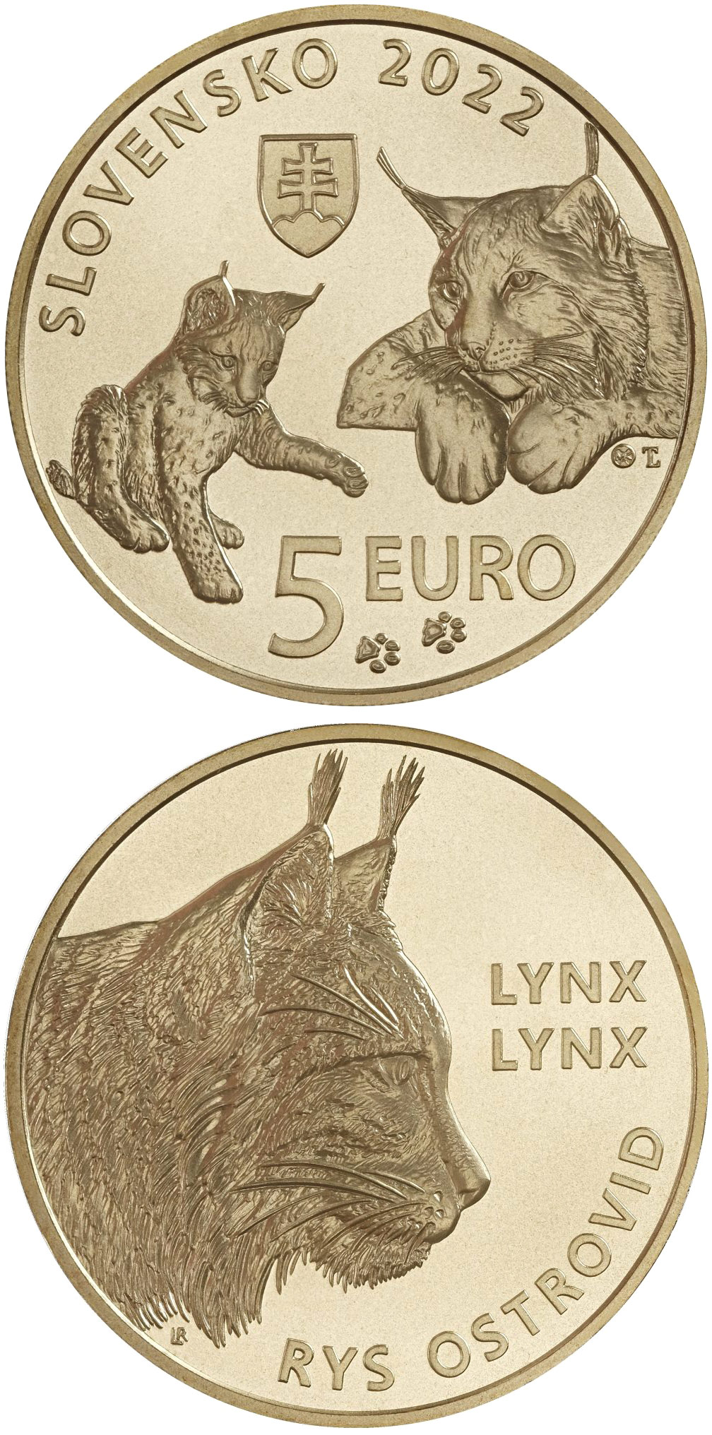 Image of 5 euro coin - Eurasian lynx | Slovakia 2022.  The Brass coin is of UNC quality.