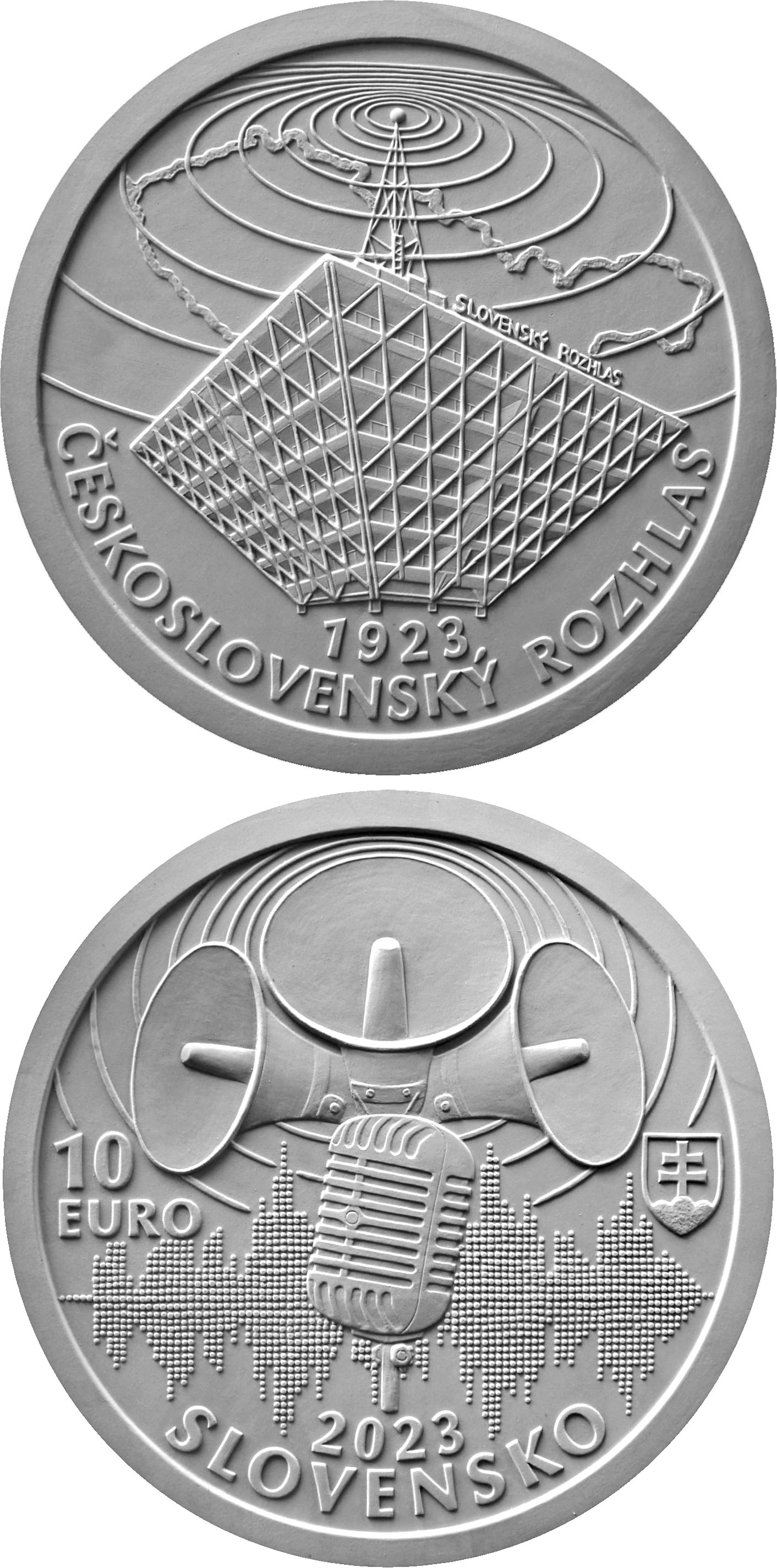 Image of 10 euro coin - 100th anniversary of the start of regular broadcasting by Czechoslovak Radio | Slovakia 2023.  The Silver coin is of Proof, BU quality.