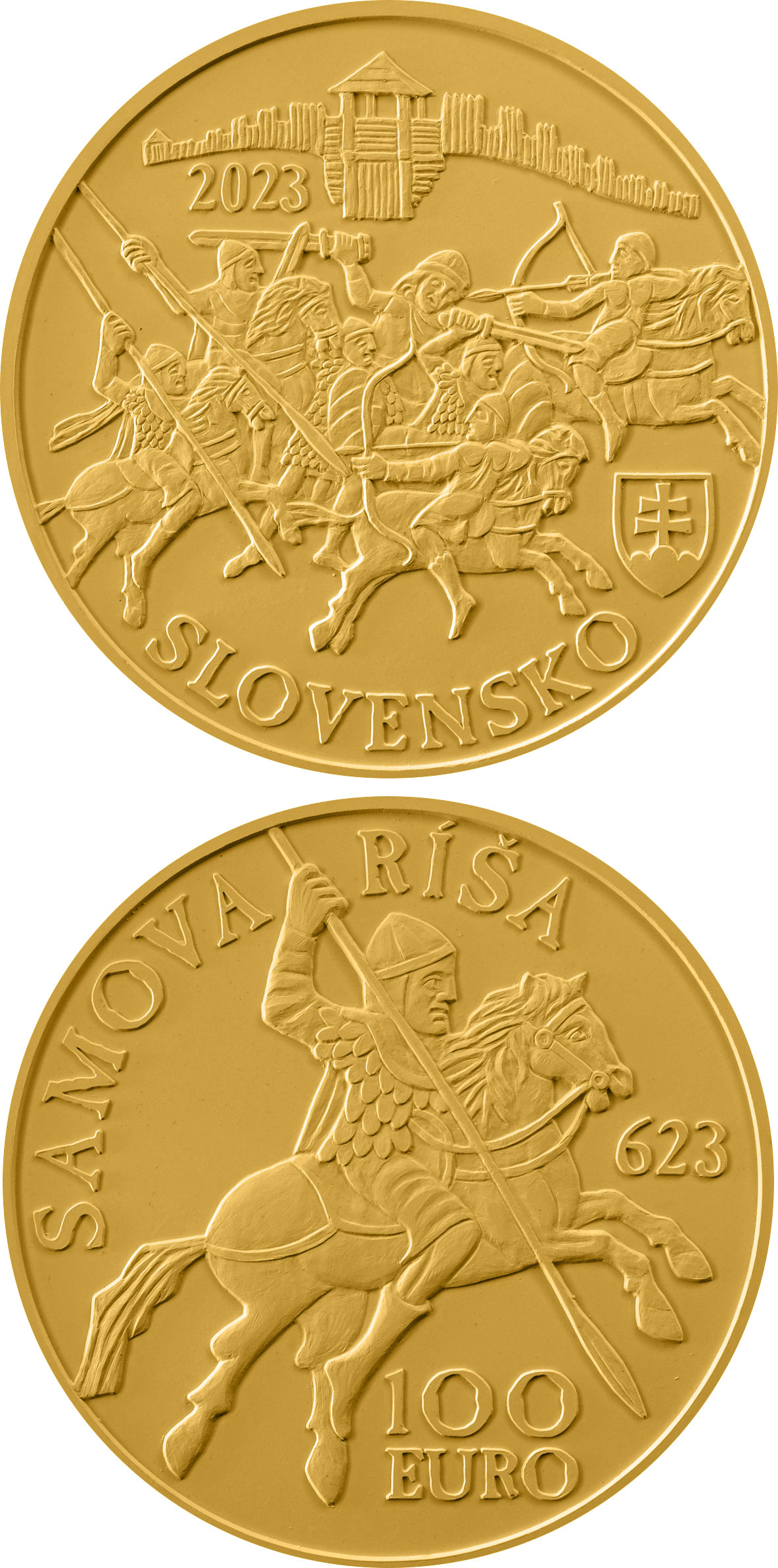 Image of 100 euro coin - 1400th anniversary of the establishment of Samo's Empire | Slovakia 2023.  The Gold coin is of Proof quality.