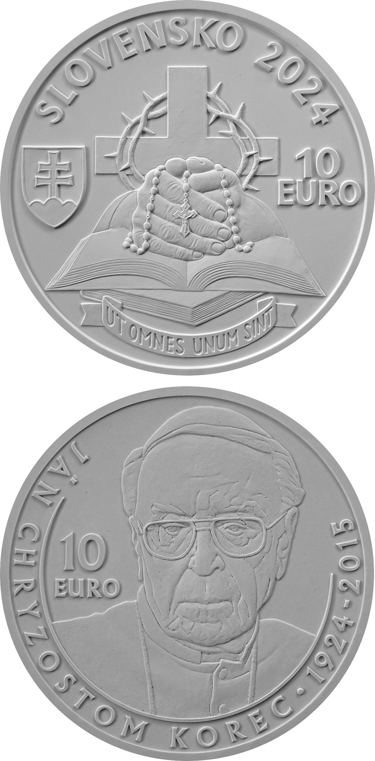 Image of 10 euro coin - 100th anniversary of the birth of Ján Chryzostom Korec | Slovakia 2024.  The Silver coin is of Proof, BU quality.