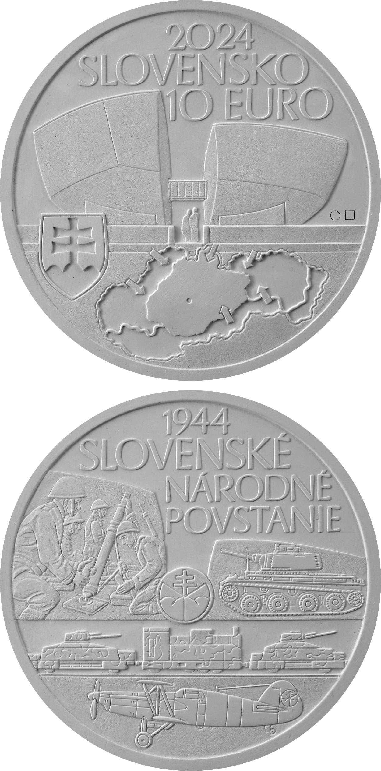 Image of 10 euro coin - 80th anniversary of the Slovak National Uprising | Slovakia 2024.  The Silver coin is of Proof, BU quality.