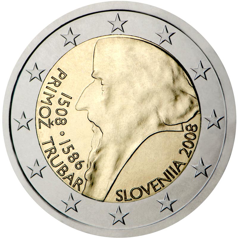 Image of 2 euro coin - 500th anniversary of Primož Trubar's birth | Slovenia 2008