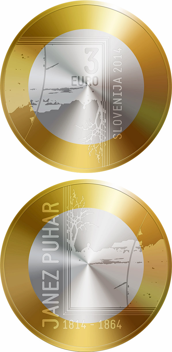 Image of 3 euro coin - 200th Anniversary of the Birth of the Photographer Janez Puhar | Slovenia 2014.  The Bimetal: CuNi, nordic gold coin is of UNC quality.