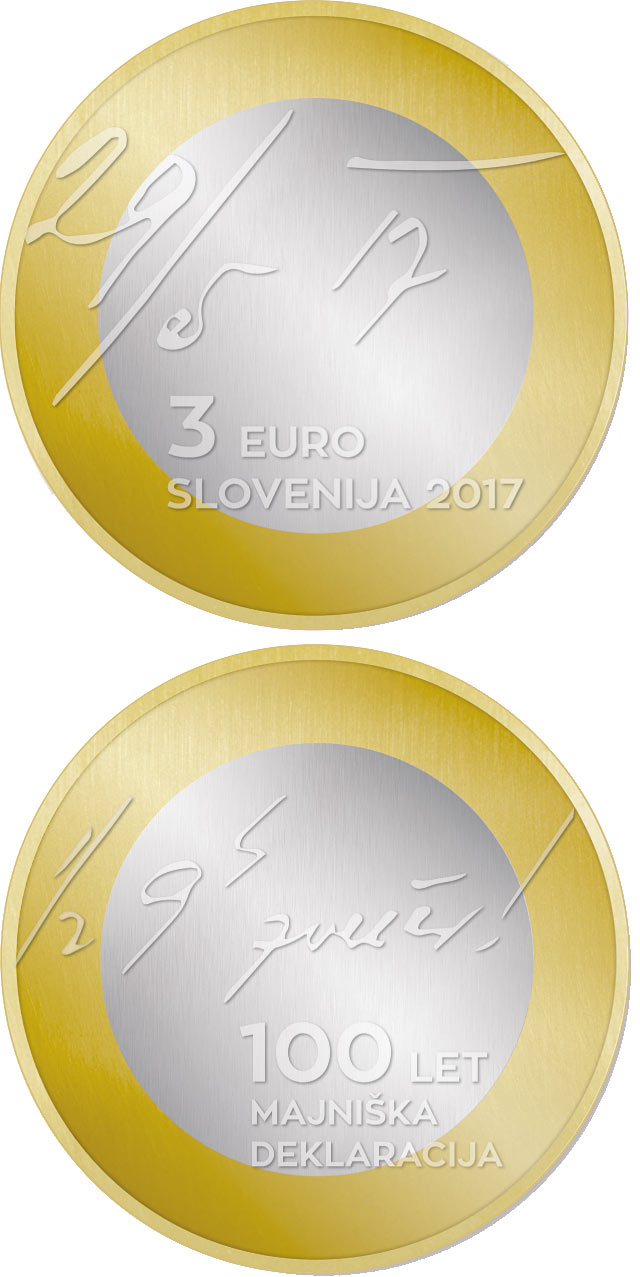 Image of 3 euro coin - 100th anniversary of the May Declaration | Slovenia 2017.  The Bimetal: CuNi, nordic gold coin is of UNC quality.