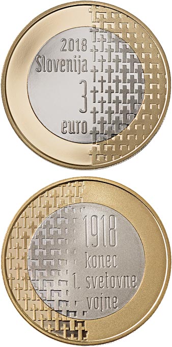 Image of 3 euro coin - 100th Anniversary of the End of the First World War | Slovenia 2018.  The Bimetal: CuNi, nordic gold coin is of UNC quality.