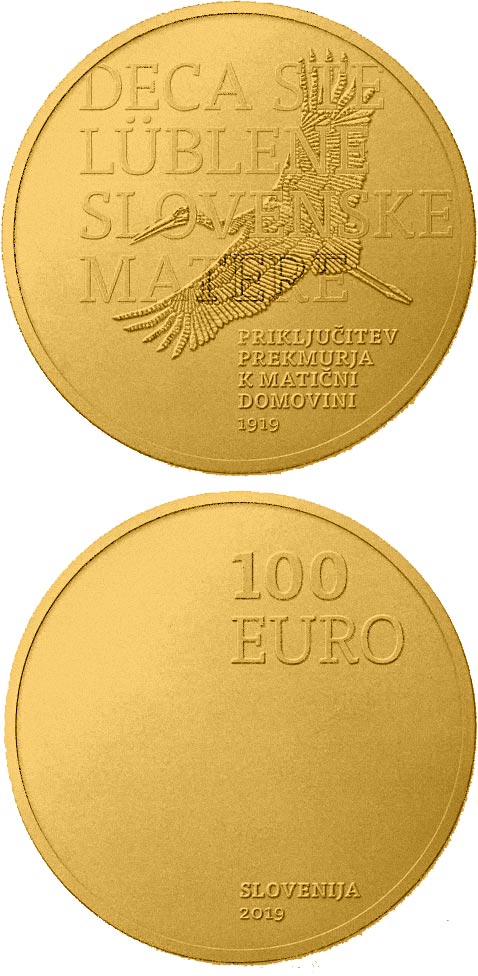 Image of 100 euro coin - 100th anniversary of joining Prekmurje region with its motherland | Slovenia 2019.  The Gold coin is of Proof quality.