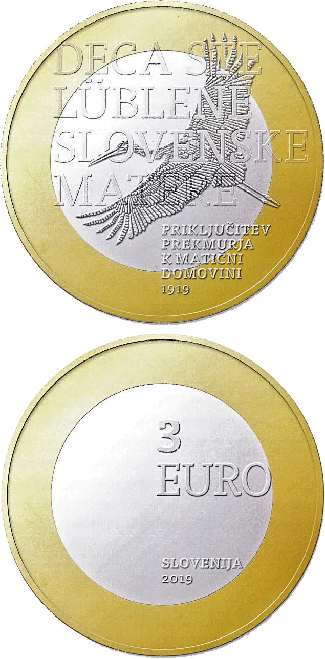 Image of 3 euro coin - 100th anniversary of joining Prekmurje region with its motherland | Slovenia 2019.  The Bimetal: CuNi, nordic gold coin is of UNC quality.