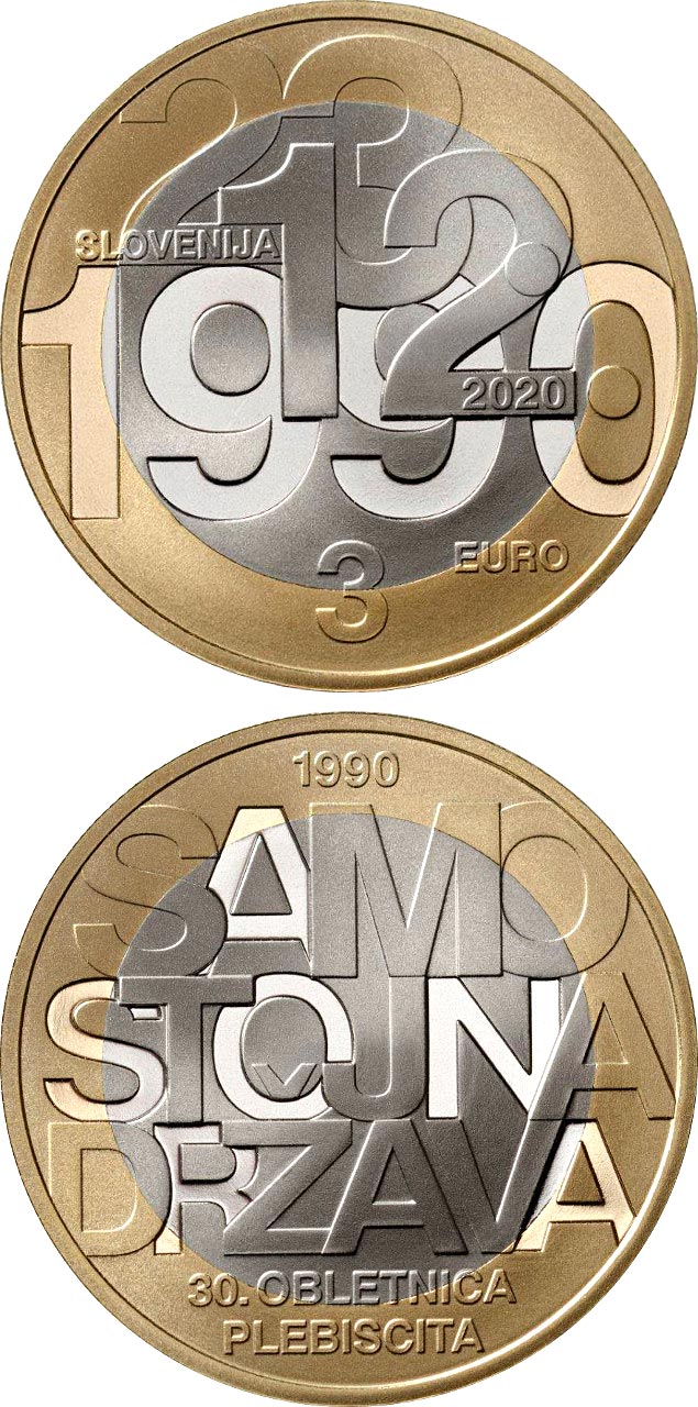 Image of 3 euro coin - 30th anniversary of plebiscite on sovereignty and independence of the Republic of Slovenia | Slovenia 2020.  The Bimetal: CuNi, nordic gold coin is of UNC quality.