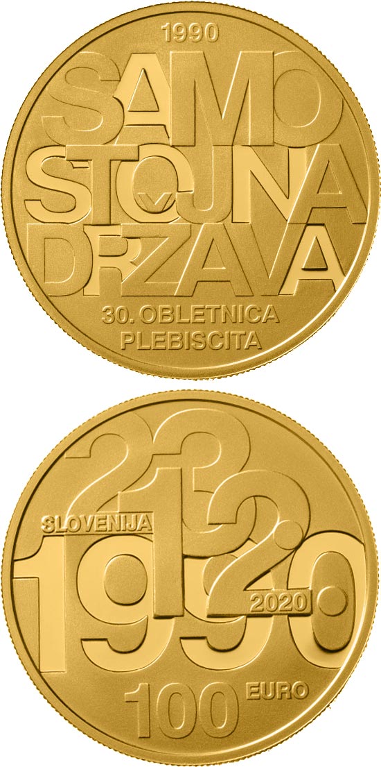 Image of 100 euro coin - 30th anniversary of plebiscite on sovereignty and independence of the Republic of Slovenia | Slovenia 2020.  The Gold coin is of Proof quality.