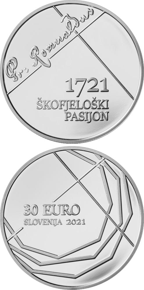 Image of 30 euro coin - 300th anniversary of Škofjeloški pasijon | Slovenia 2021.  The Silver coin is of Proof quality.