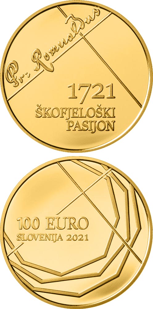 Image of 100 euro coin - 300th anniversary of Škofjeloški pasijon | Slovenia 2021.  The Gold coin is of Proof quality.