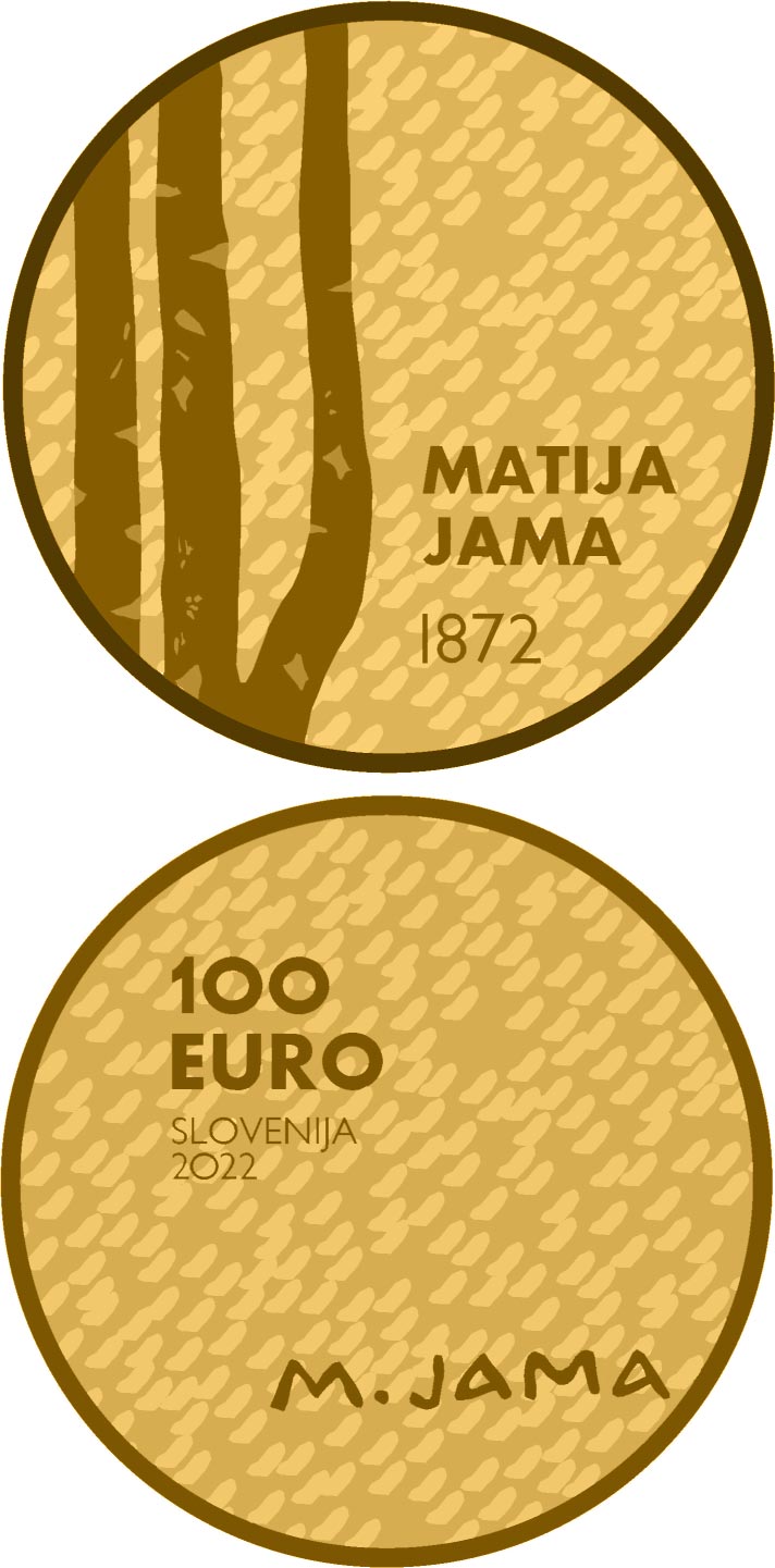Image of 100 euro coin - 150th Anniversary of Birth of Painter Matija Jama | Slovenia 2022.  The Gold coin is of Proof quality.