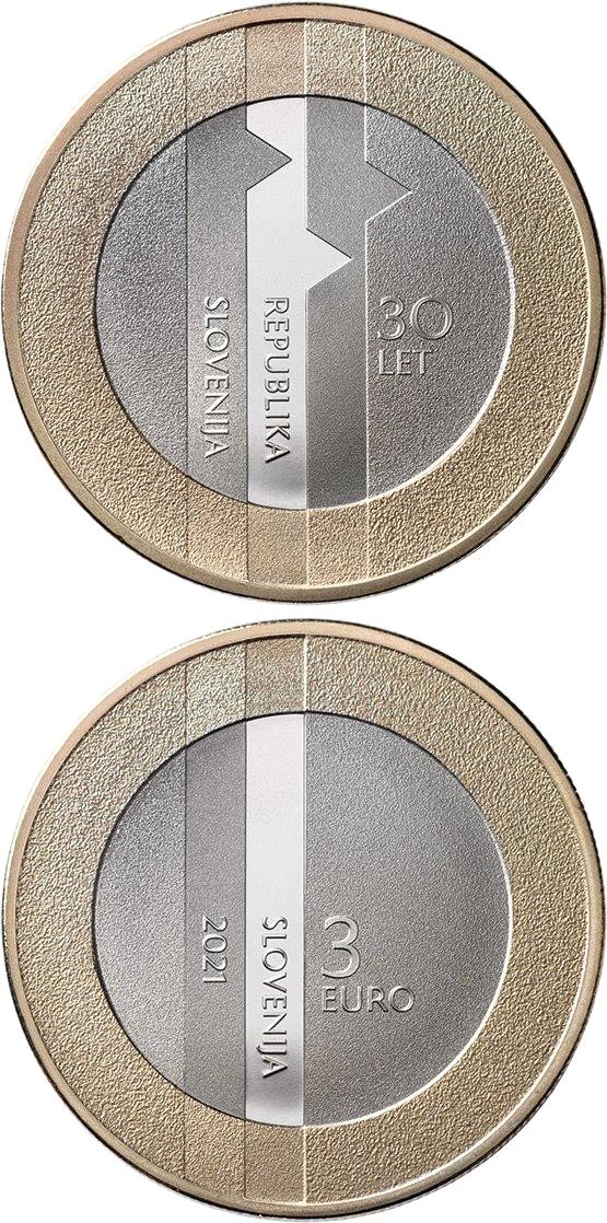 Image of 3 euro coin - 30th Anniversary of Statehood of the Republic of Slovenia | Slovenia 2021.  The Bimetal: CuNi, nordic gold coin is of UNC quality.