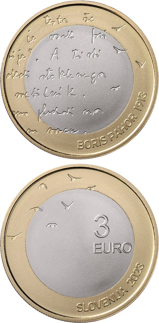 Image of 3 euro coin - 110th anniversary of the birth of Slovenian writer Boris Pahor | Slovenia 2023.  The Bimetal: CuNi, nordic gold coin is of UNC quality.
