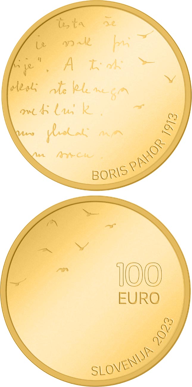 Image of 100 euro coin - 110th anniversary of the birth of Slovenian writer Boris Pahor | Slovenia 2023.  The Gold coin is of Proof quality.