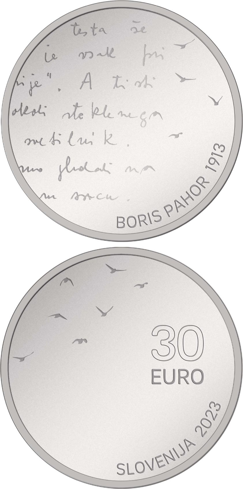 Image of 30 euro coin - 110th anniversary of the birth of Slovenian writer Boris Pahor | Slovenia 2023.  The Silver coin is of Proof quality.