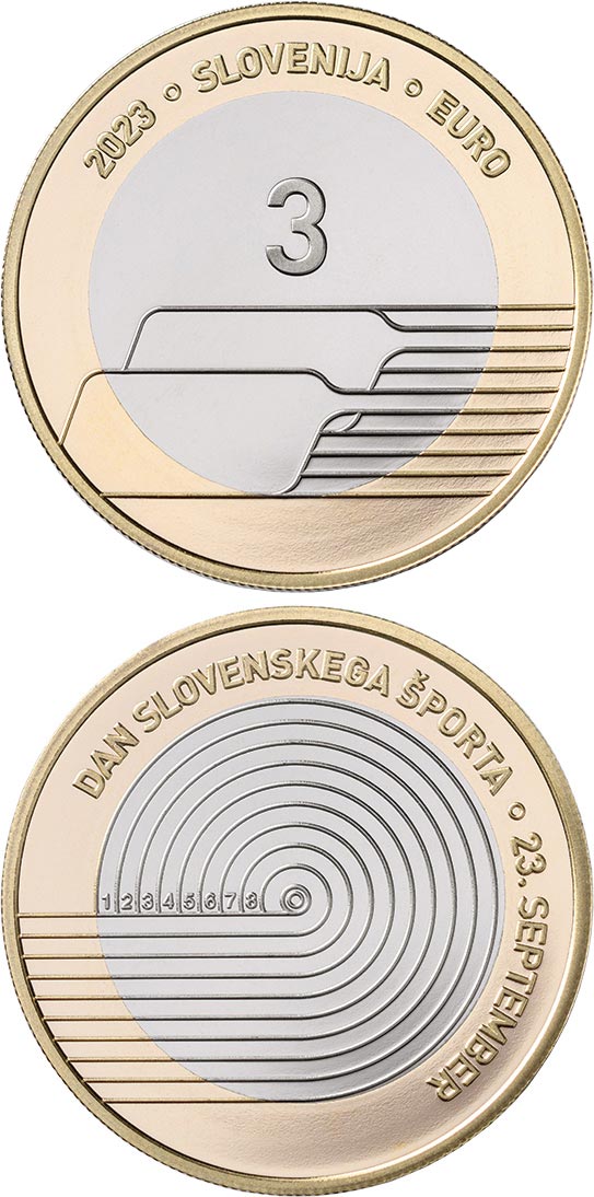 Image of 3 euro coin - Day of Slovenian Sport | Slovenia 2023.  The Bimetal: CuNi, nordic gold coin is of UNC quality.