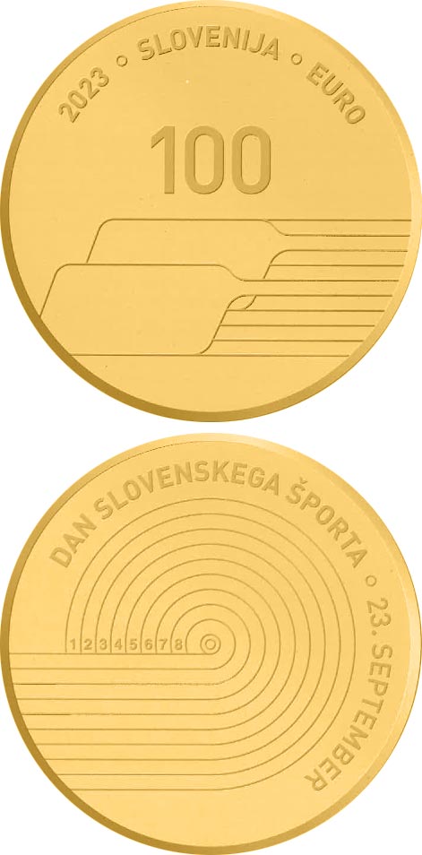 Image of 100 euro coin - Day of Slovenian Sport | Slovenia 2023.  The Gold coin is of Proof quality.