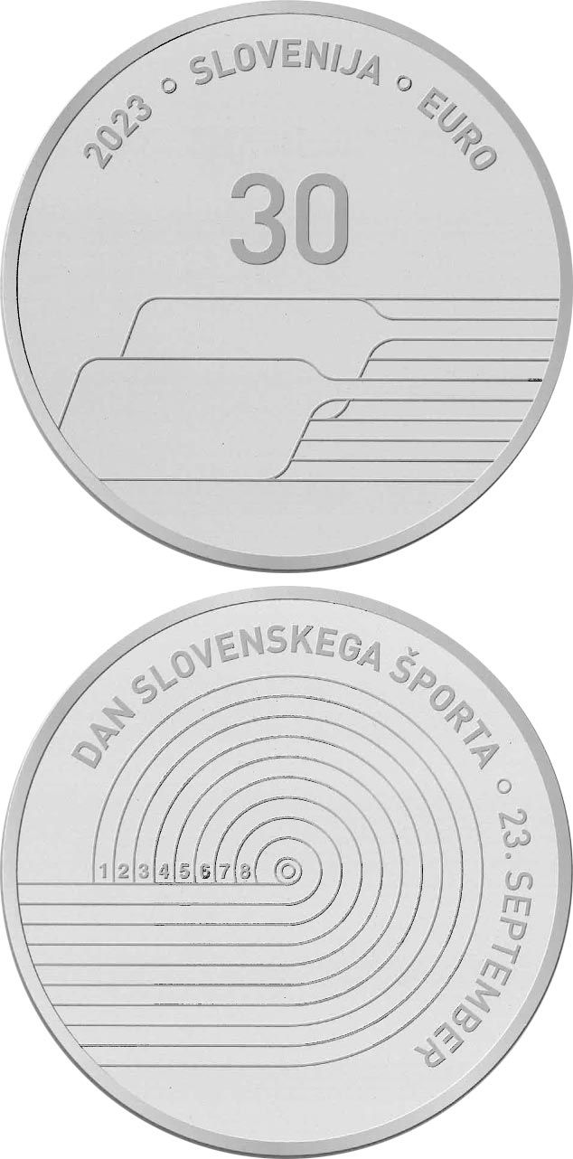 Image of 30 euro coin - Day of Slovenian Sport | Slovenia 2023.  The Silver coin is of Proof quality.