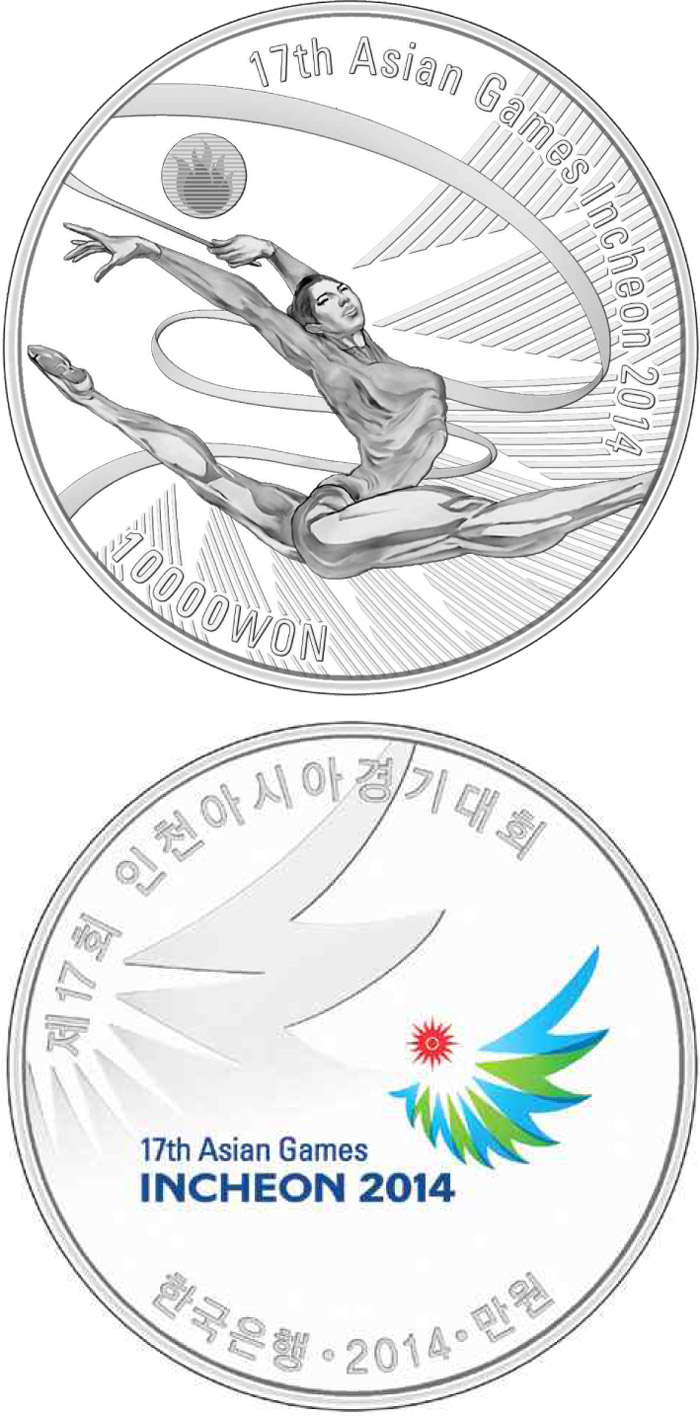 Image of 10000 won coin - 17th Asian Games Incheon 2014: Rhythmic gymnastics | South Korea 2014.  The Silver coin is of Proof quality.