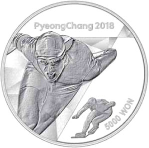 Image of 5000 won coin - Speed sThe PyeongChang 2018 Olympic Winter Games – kating | South Korea 2016.  The Silver coin is of Proof quality.
