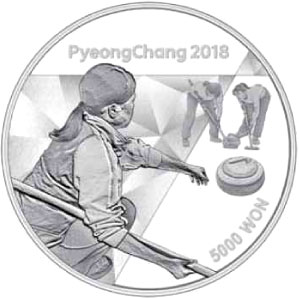 Image of 5000 won coin - The PyeongChang 2018 Olympic Winter Games – Curling | South Korea 2016.  The Silver coin is of Proof quality.