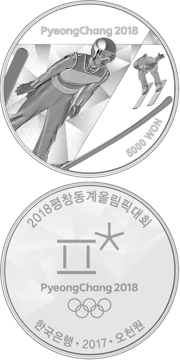 Image of 5000 won coin - The PyeongChang 2018 Olympic Winter Games – Ski jumping | South Korea 2017.  The Silver coin is of Proof quality.