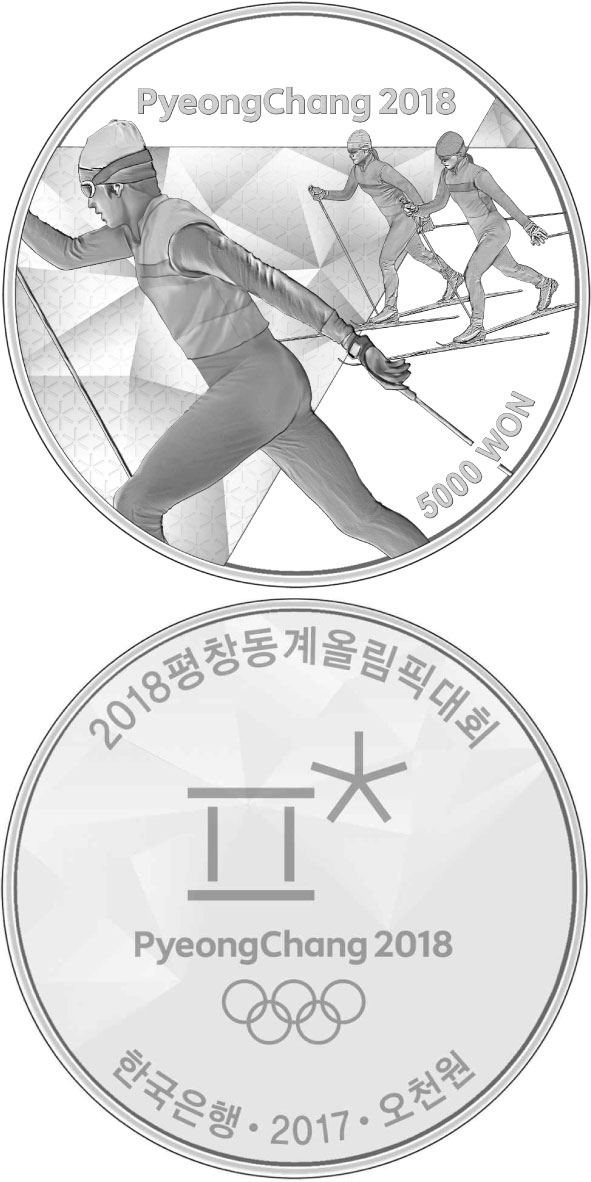 Image of 5000 won coin - The PyeongChang 2018 Olympic Winter Games – Cross-country skiing | South Korea 2017.  The Silver coin is of Proof quality.