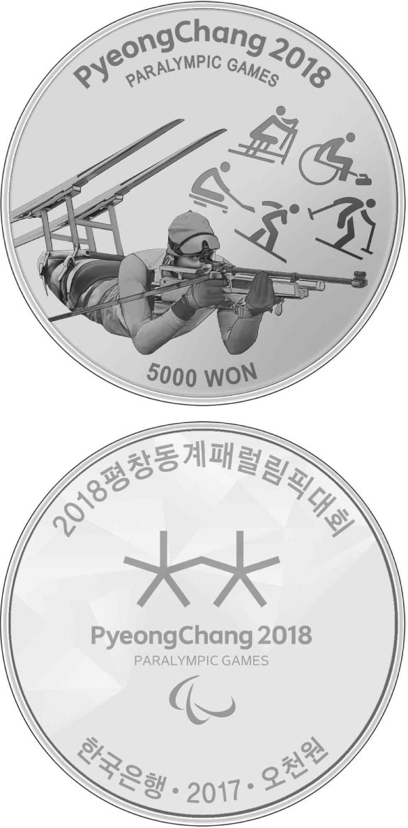 Image of 5000 won coin - The PyeongChang 2018 Olympic Winter Games – Nordic combined | South Korea 2017.  The Silver coin is of Proof quality.