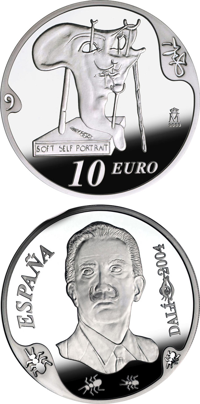 Image of 10 euro coin - Centenary of the birth of Salvador Dalí - Soft self-portrait with fried bacon | Spain 2004.  The Silver coin is of Proof quality.