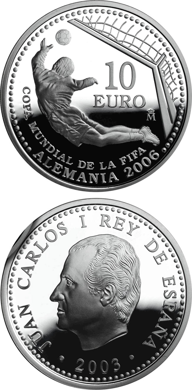 Image of 10 euro coin - FIFA World Cup Germany 2006 - Issue 2003 | Spain 2003.  The Silver coin is of Proof quality.