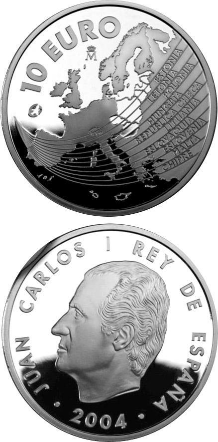 Image of 10 euro coin - The Europa Program - Enlargement of the European Union | Spain 2004.  The Silver coin is of Proof quality.