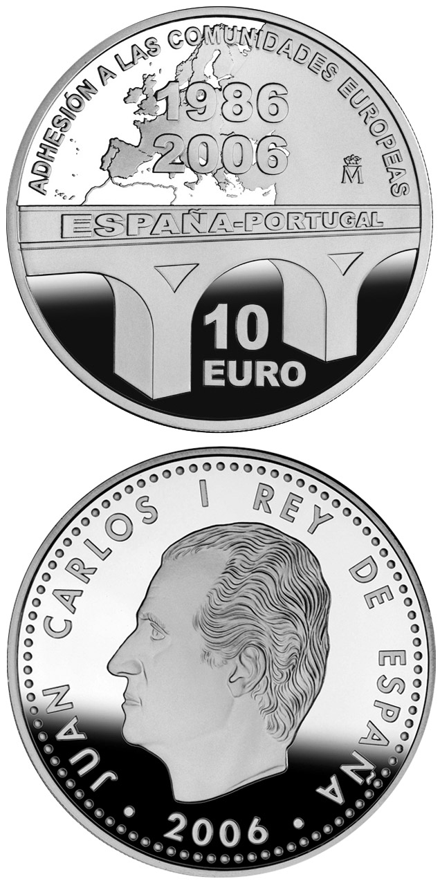 Image of 10 euro coin - 20th Anniversary of the Spanish and Portugal joining to the European Community | Spain 2006.  The Silver coin is of Proof quality.