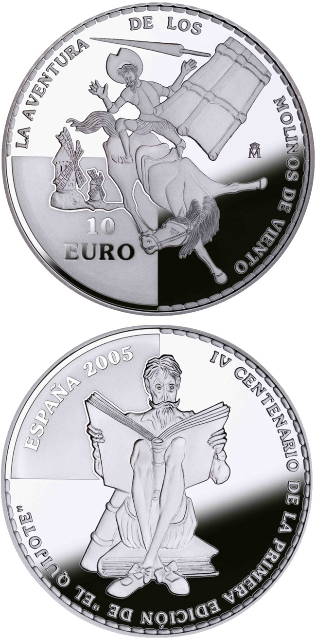 Image of 10 euro coin - 4th Centenary of the publication of Don Quixote – D.Quijote knocked down by a windmill  | Spain 2005.  The Silver coin is of Proof quality.