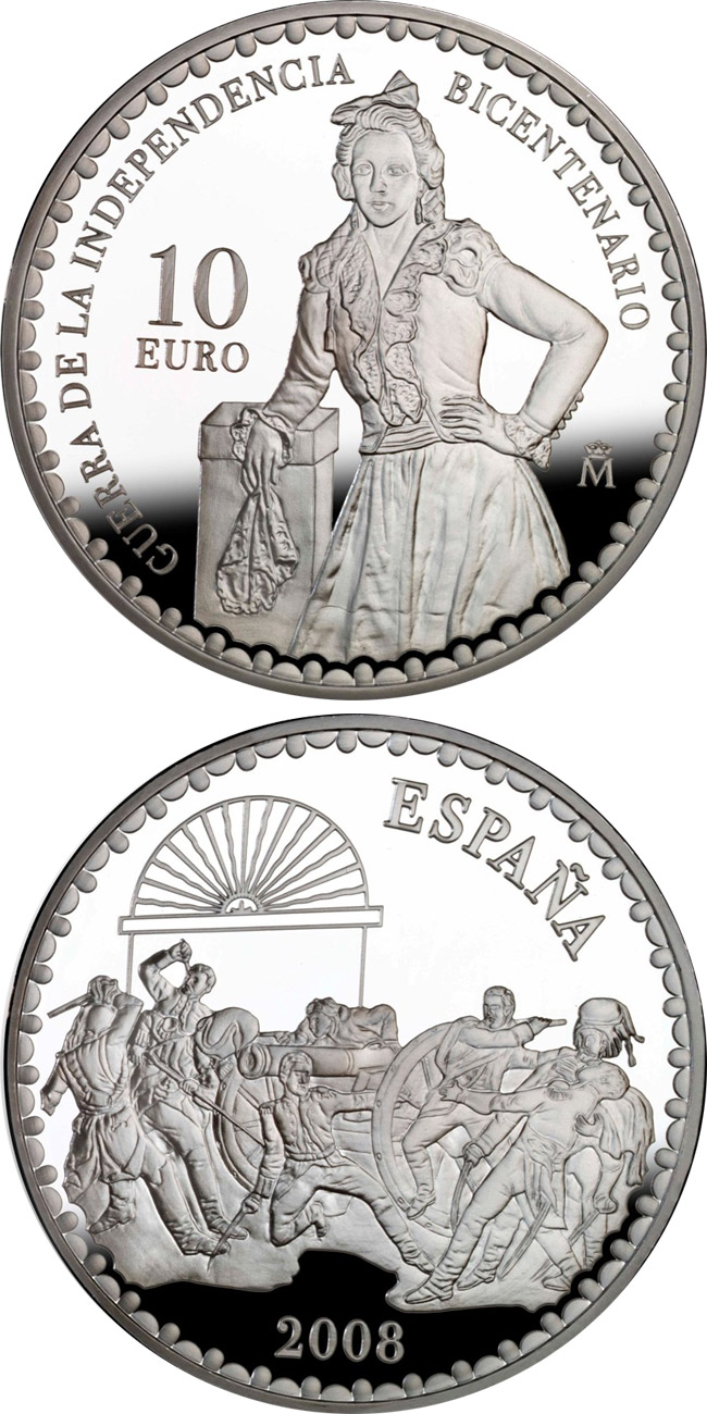 Image of 10 euro coin - Bicentenary War of Independence - Death of Daoiz by Manuel Castellano  | Spain 2008.  The Silver coin is of Proof quality.