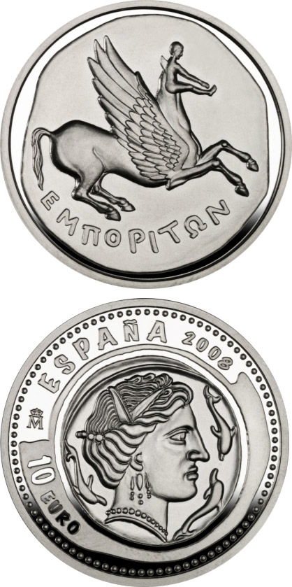 Image of 10 euro coin - 1st Series Numismatic Treasures - Hispano-Greek drachma | Spain 2008.  The Silver coin is of Proof quality.
