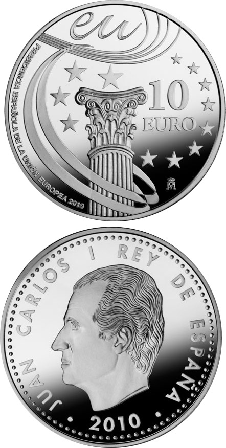Image of 10 euro coin - Spanish Presidency of the EU | Spain 2010.  The Silver coin is of Proof quality.