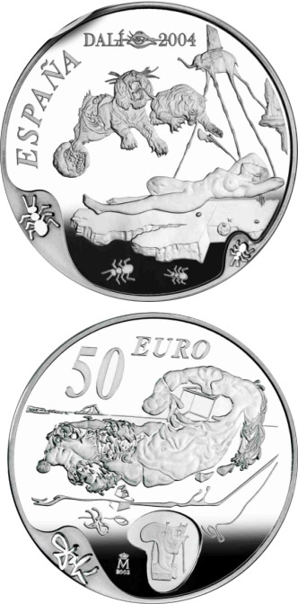 Image of 50 euro coin - Centenary of the birth of Salvador Dalí | Spain 2004.  The Silver coin is of Proof quality.