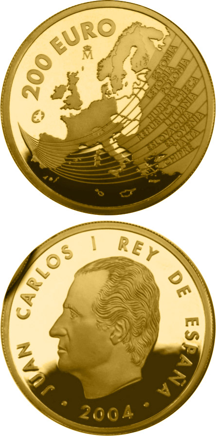 Image of 200 euro coin - The Europa Program - Enlargement of the European Union | Spain 2004.  The Gold coin is of Proof quality.