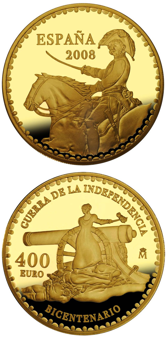 Image of 400 euro coin - Bicentenary War of Independence | Spain 2008.  The Gold coin is of Proof quality.