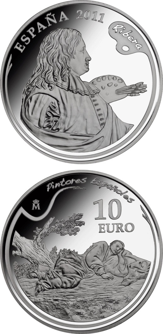 Image of 10 euro coin - 4th Series Spanish Painters - Ribera | Spain 2011.  The Silver coin is of Proof quality.