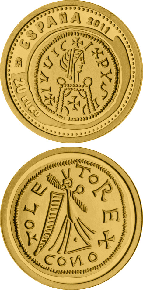 Image of 20 euro coin - 3rd Series Numismatic Treasures – Leovigild Visigothic tremissis | Spain 2011.  The Gold coin is of Proof quality.