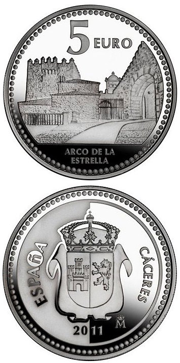 Image of 5 euro coin - Cáceres | Spain 2011.  The Silver coin is of Proof quality.