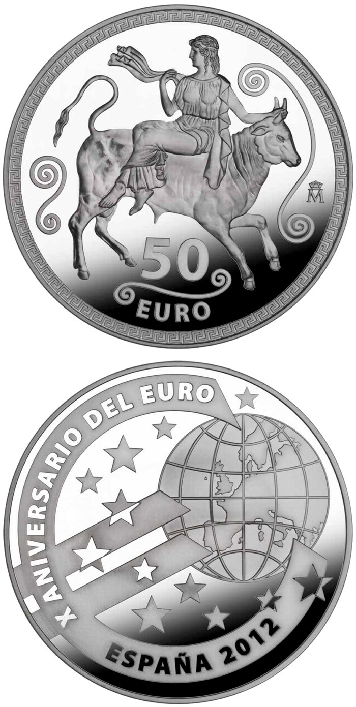 Image of 50 euro coin - 10th Anniversary of the Euro | Spain 2012.  The Silver coin is of Proof quality.